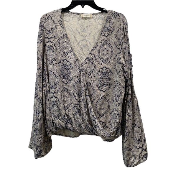 Altar’d State Blue and Tan Patterned Bell Sleeve Cross Over Blouse Size M - Picture 1 of 15